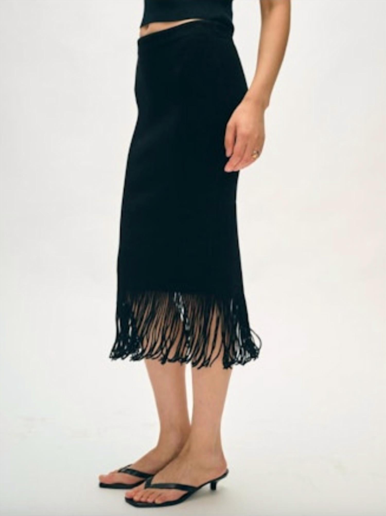 White + Warren Fringe Ribbed Skirt in black - women's skirt - detail view