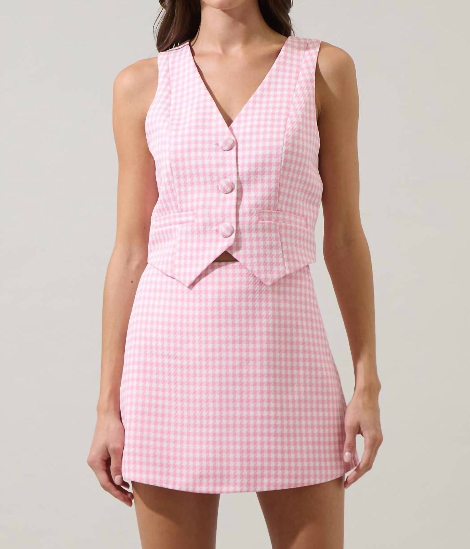 SUGARLIPS Kassy Checker Chelsea Button Up Vest in pink - women's jacket