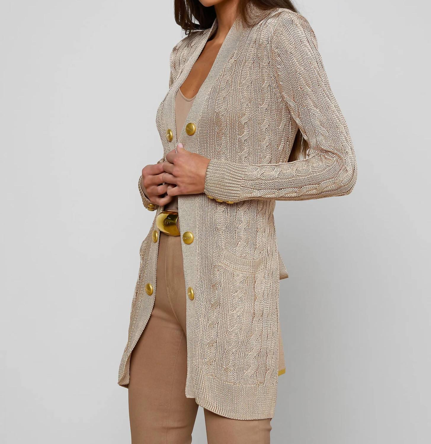L'Agence Penelope Cabled Cardigan in almond gold - women's cardigan - detail view