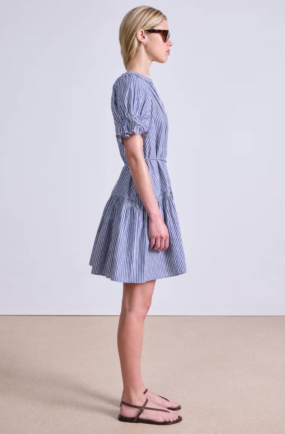 APIECE APART Marza Mini Dress in skinny stripes indigo cream 1 - women's dress - alternate view