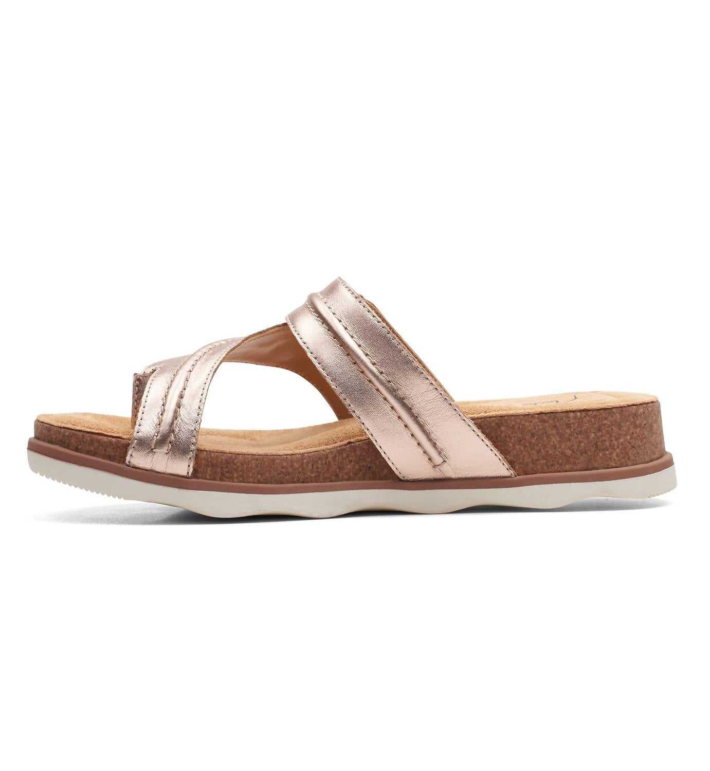 Clarks Women's Brynn Madi Flat Sandal in rose gold leather - women's sandal - detail view
