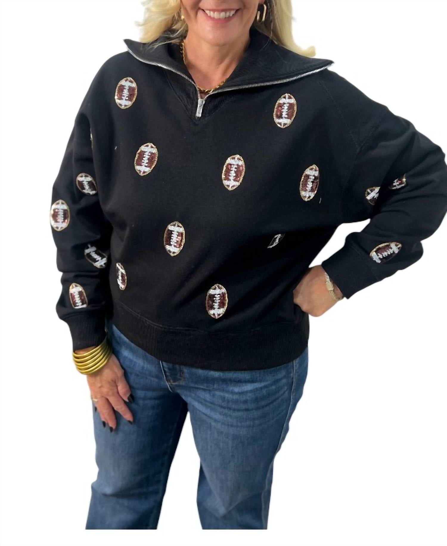 Peach Love Football Sequins Half Zip Sweatshirt in black - women's top