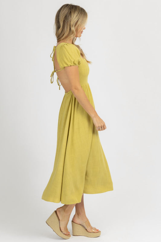 PUFF SLEEVE OPEN-BACK MIDI DRESS