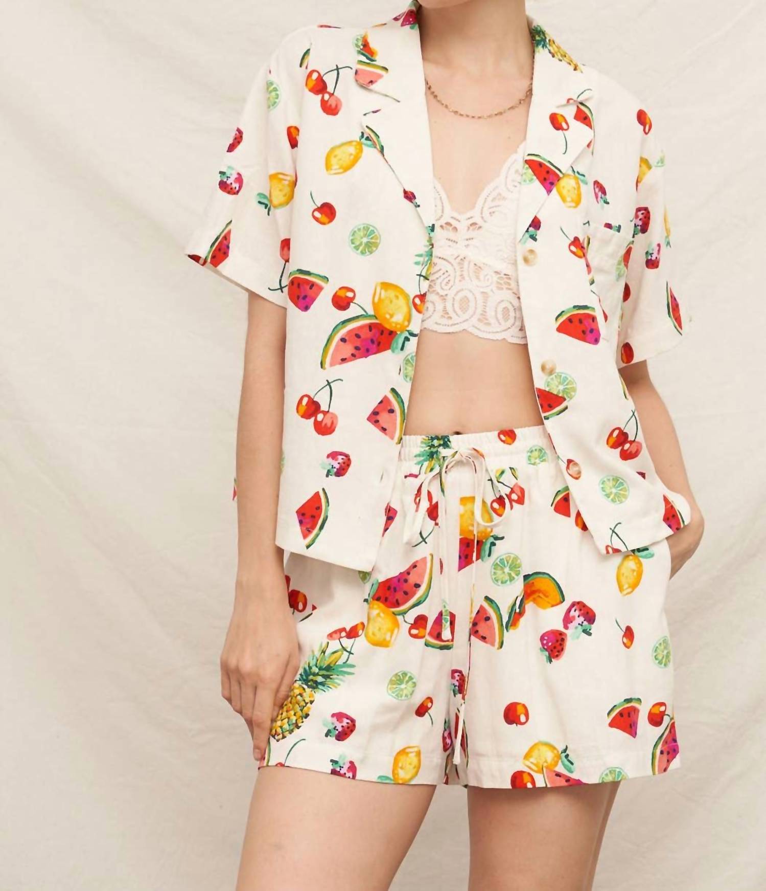 En Creme - Fruit Print Elastic Waistband Shorts