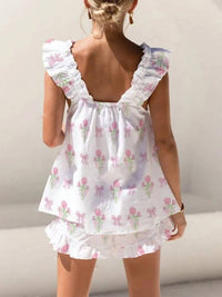 Rosa Clothing - Floral & Ribbon Bow Print Ruffled Top And Shorts Set