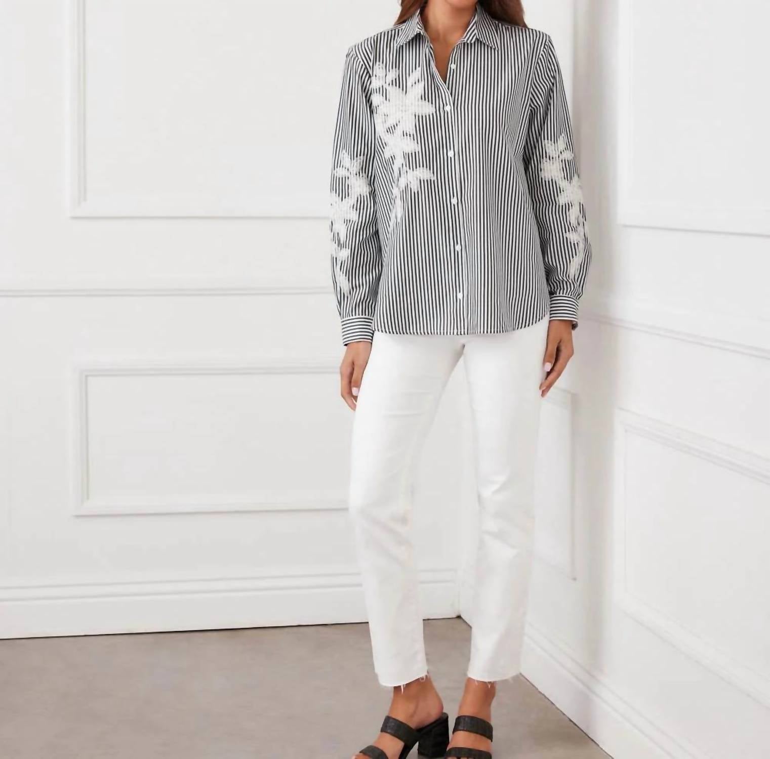 Karen Kane - Long Sleeve Stripe Embroidered Shirt