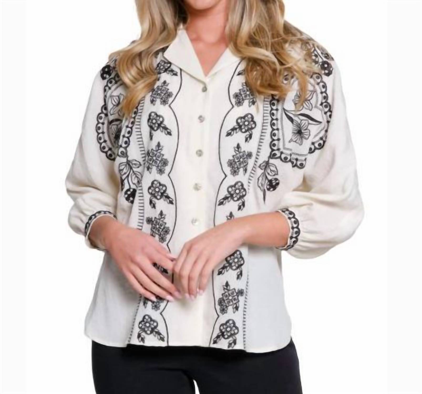Tru Luxe - Dolman Sleeve Embroidered Button Up Shirt