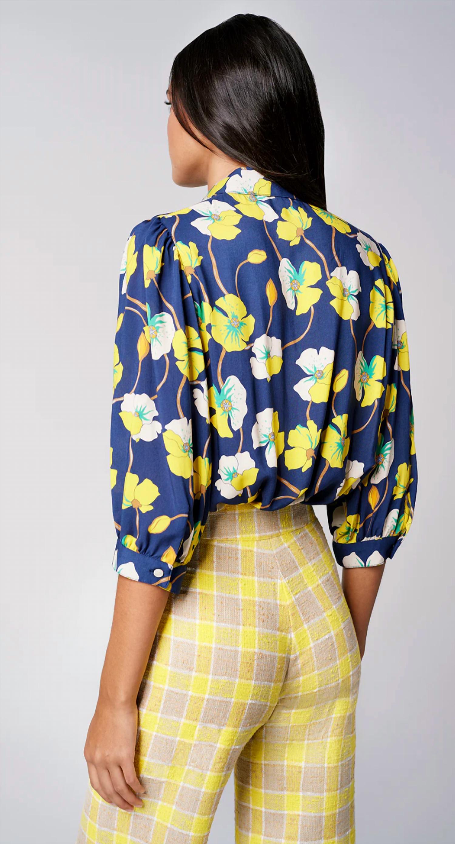 Smythe Shirred Pocket Blouse in navy buttercup - women's blouse - detail view