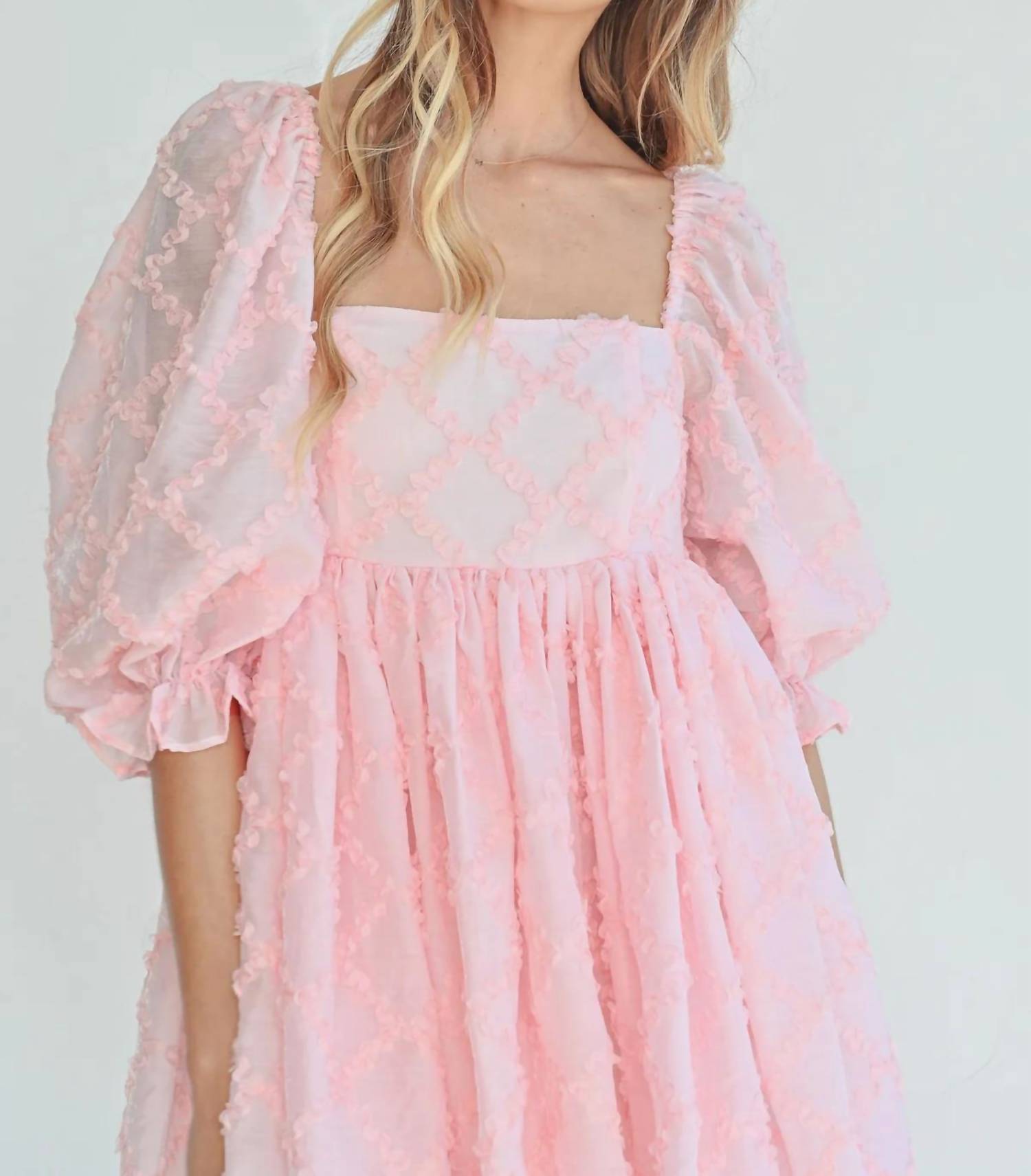 Mable - RIBBON TEXTURED PUFF SLEEVE BABYDOLL MINI DRESS