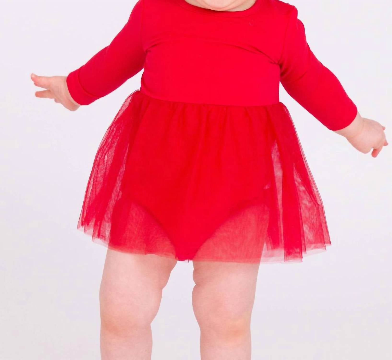 RuffleButts Long Sleeve Tulle Romper Dress in red - kids' dress