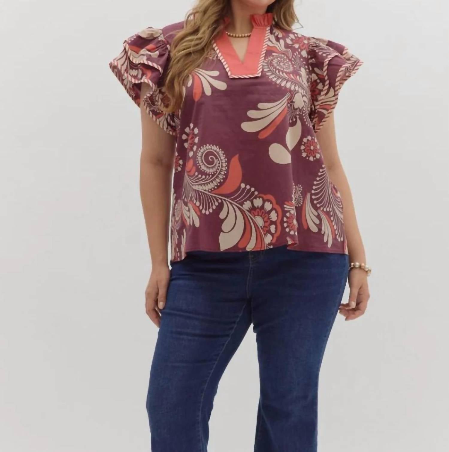 Entro - Plum Floral Top -Plus