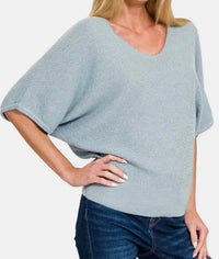 Zenana - V-neck Short Sleeve Dolman Sweater