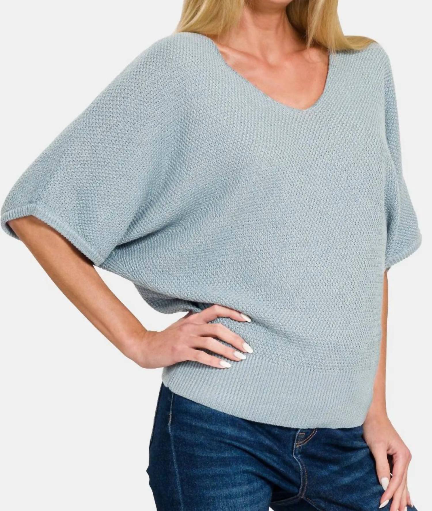 Zenana - V-neck Short Sleeve Dolman Sweater