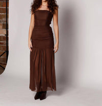 NIA Nola Shirred Strapless Mesh Maxi Dress in espresso brown - women's dress