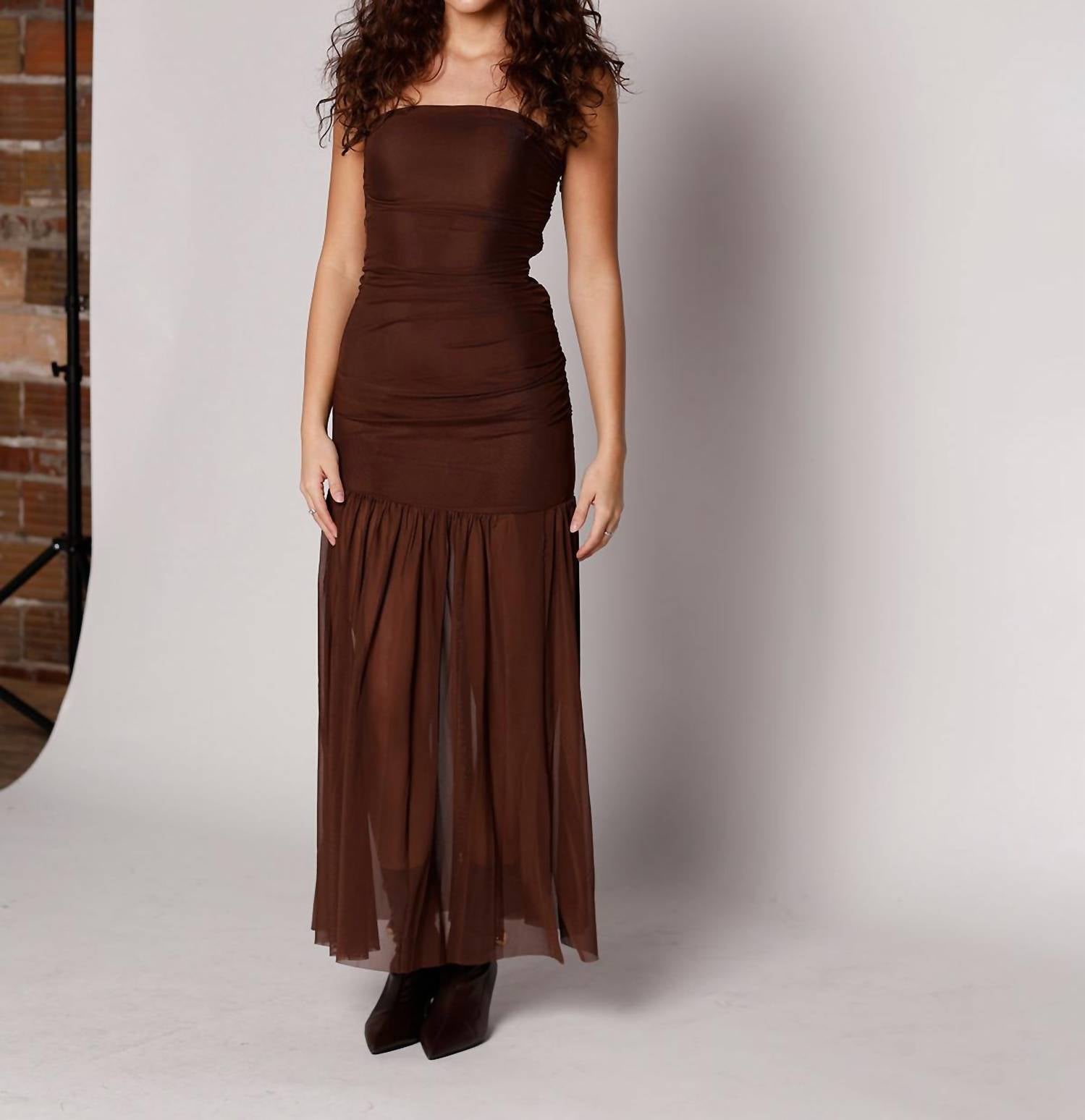 NIA Nola Shirred Strapless Mesh Maxi Dress in espresso brown - women's dress