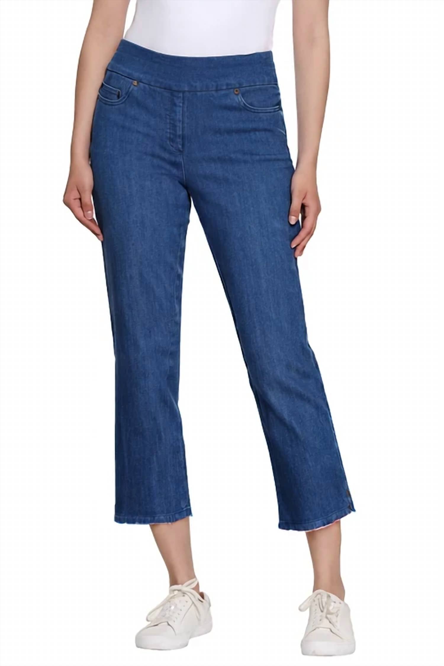 Multiples - Denim Pull-On Fringe Hem Crop Pant with Pockets