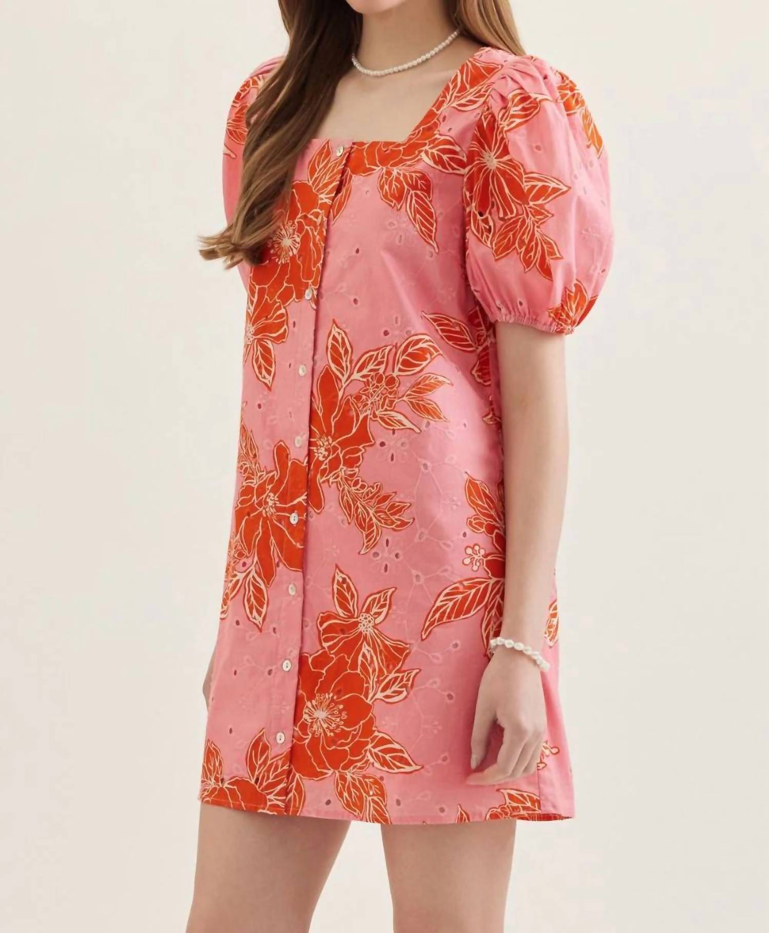 Entro - Botanical Print Puff Sleeve Mini Dress