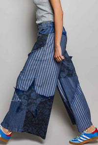 POL Bohemian Stripe Star Patchwork Pants in blue - women's jeans - alternate view