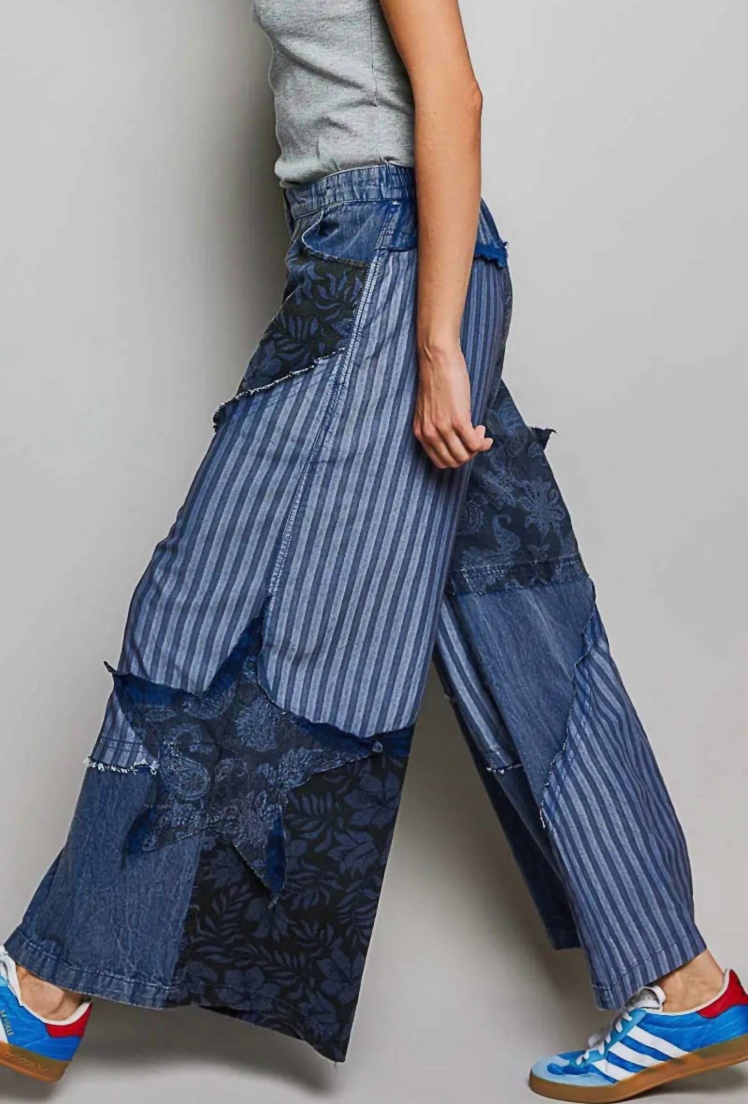 POL Bohemian Stripe Star Patchwork Pants in blue - women's jeans - alternate view