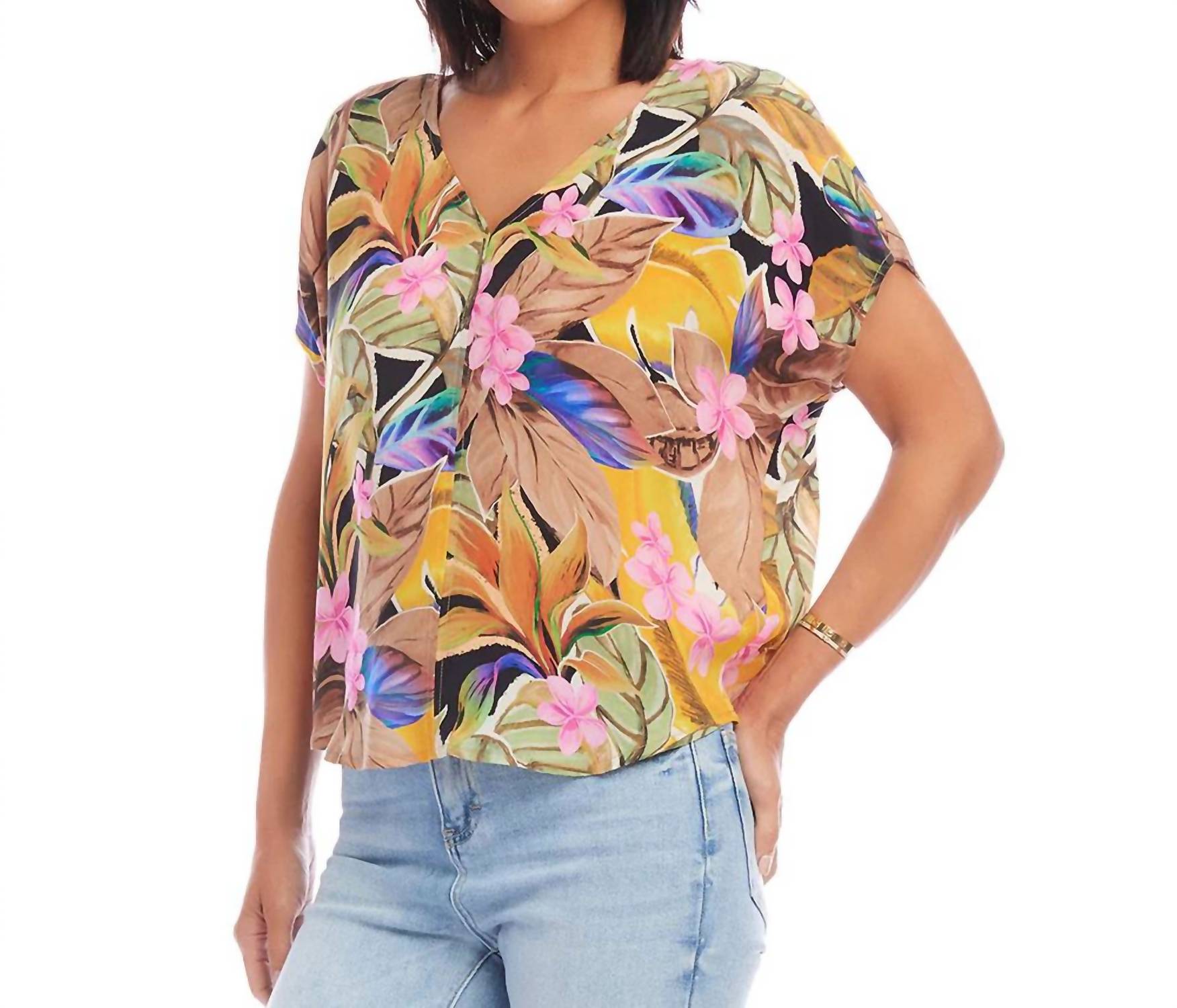 Karen Kane Tana Dolman Sleeve Top in tropical flower print - women's blouse - alternate view