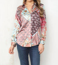 PAPARAZZI Satin Print Long Sleeve Shirt in patchwork - women's shirt