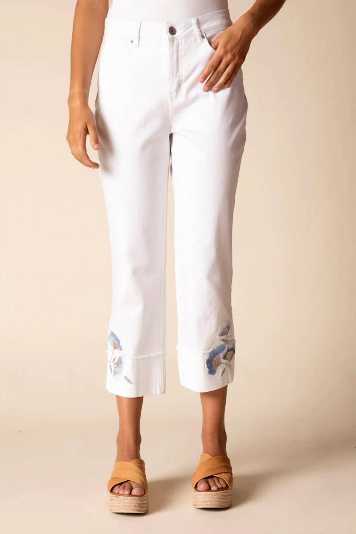 Habitat - Floral Embroidered Stretch Denim Cuff Capri Pants