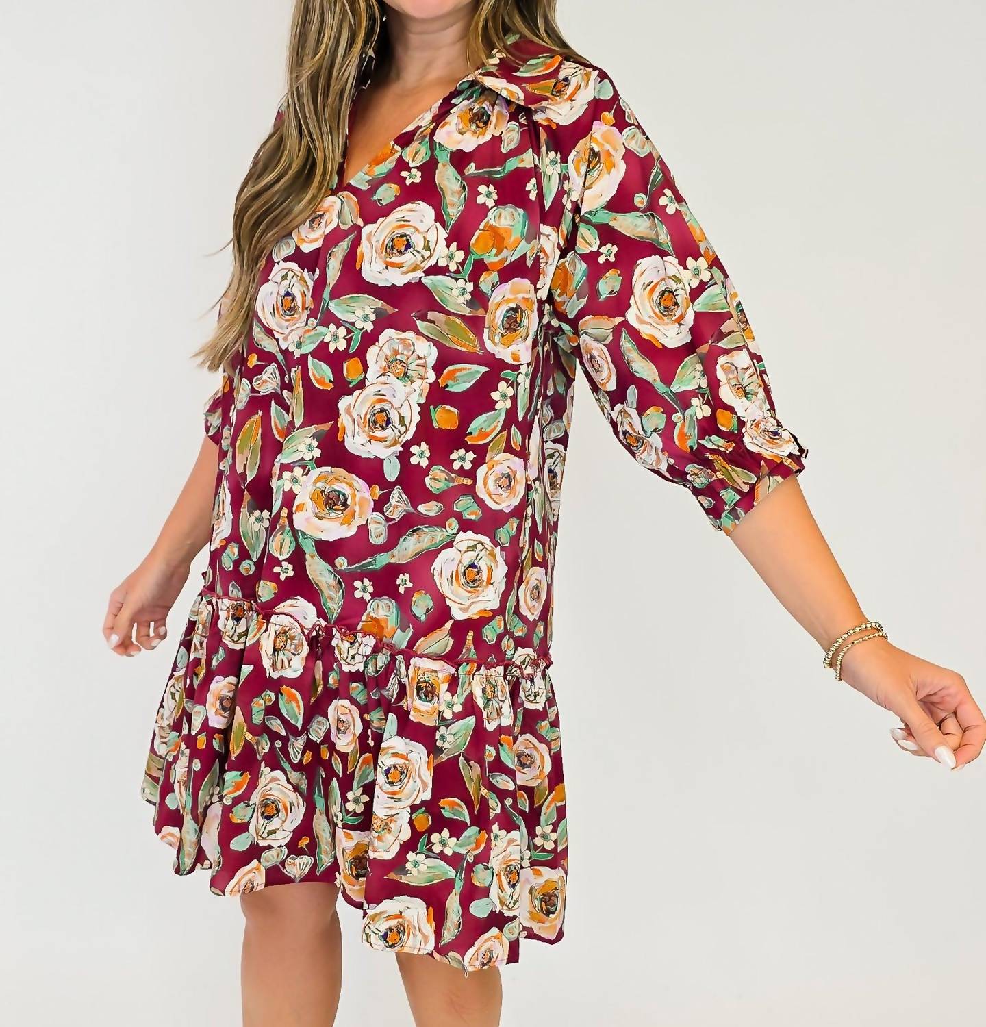 Umgee - Floral Drop Waist Shirt Dress