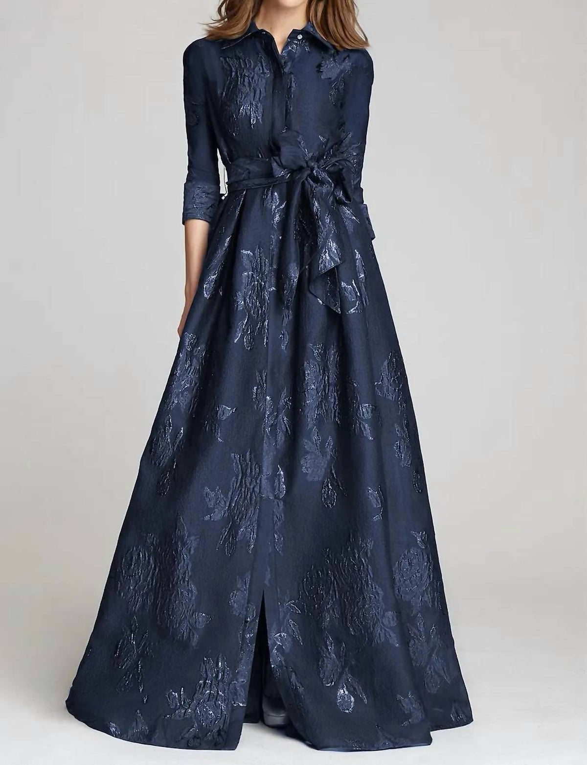 Teri Jon - Metallic Jacquard Shirtdress Gown