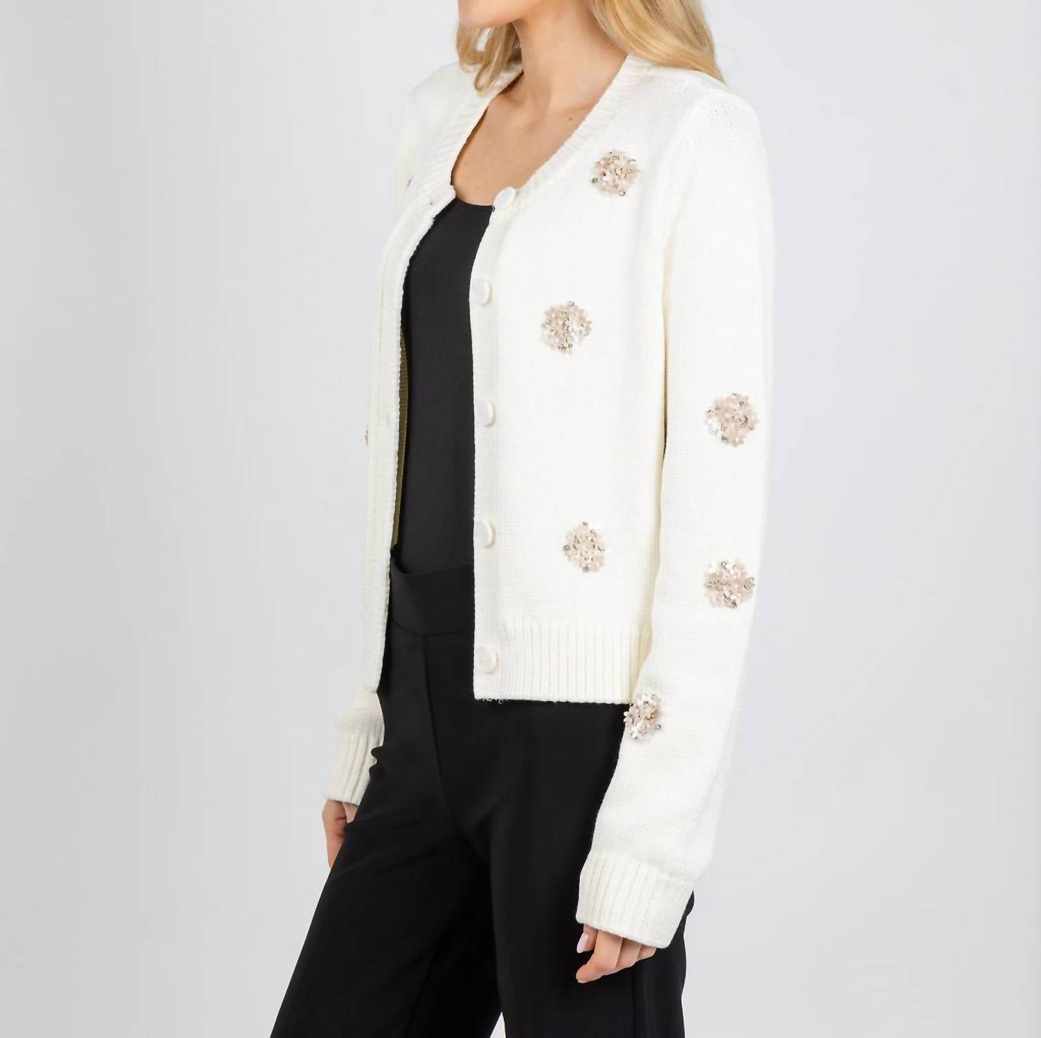 cinq a sept Piera Mini Sparkle Cardigan in ivory - women's cardigan - detail view