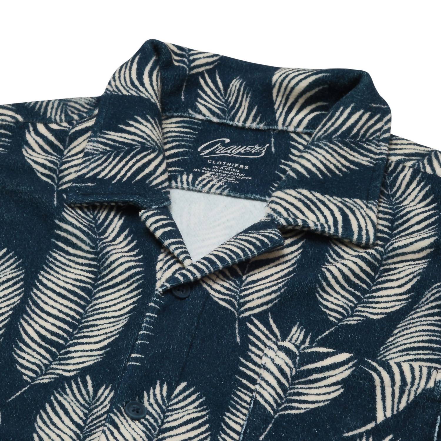 Grayers Riviera Terry Button Shirt in navy leaf - men's shirt - alternate view