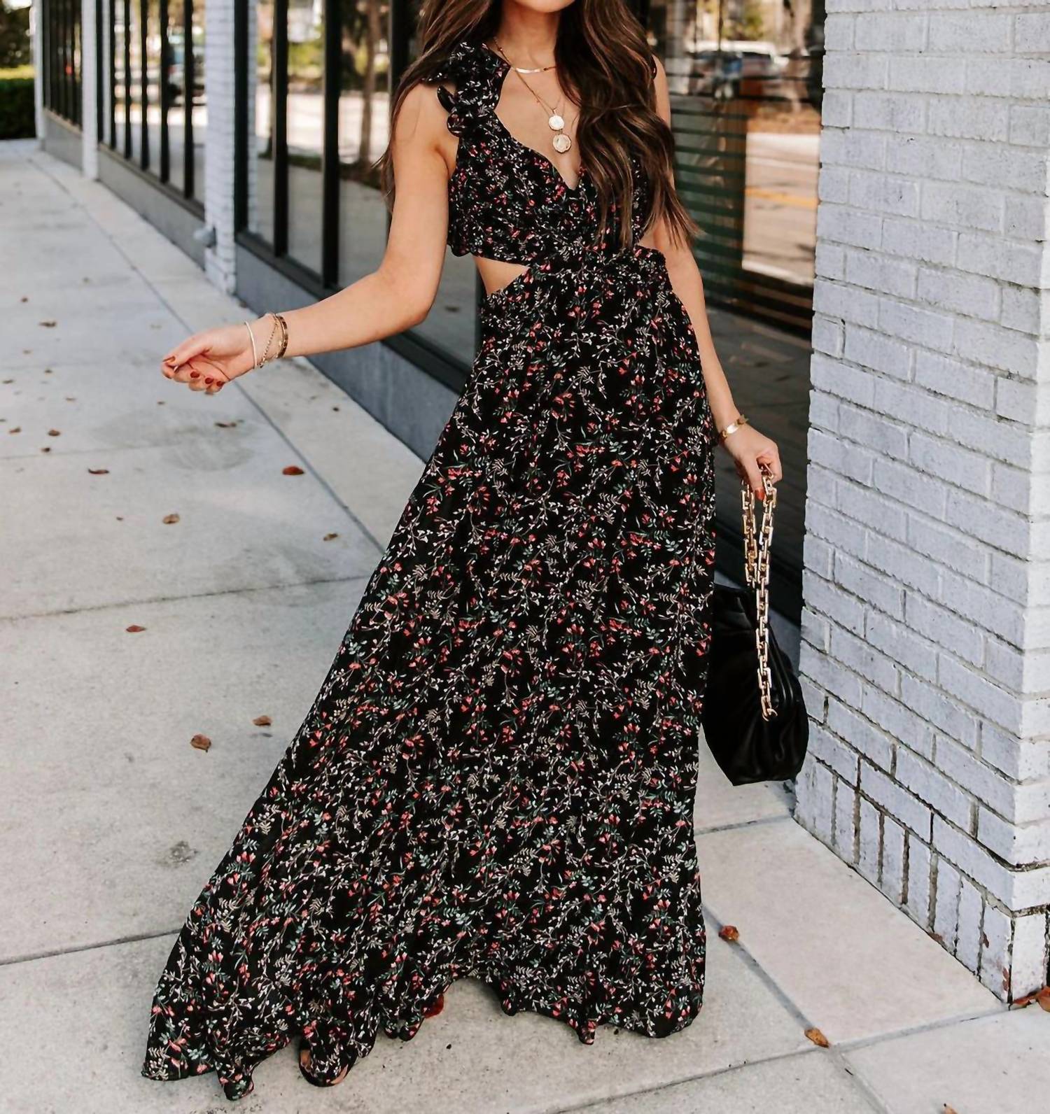 Fate - Floral Cutout Ruffle Strap Maxi Dress
