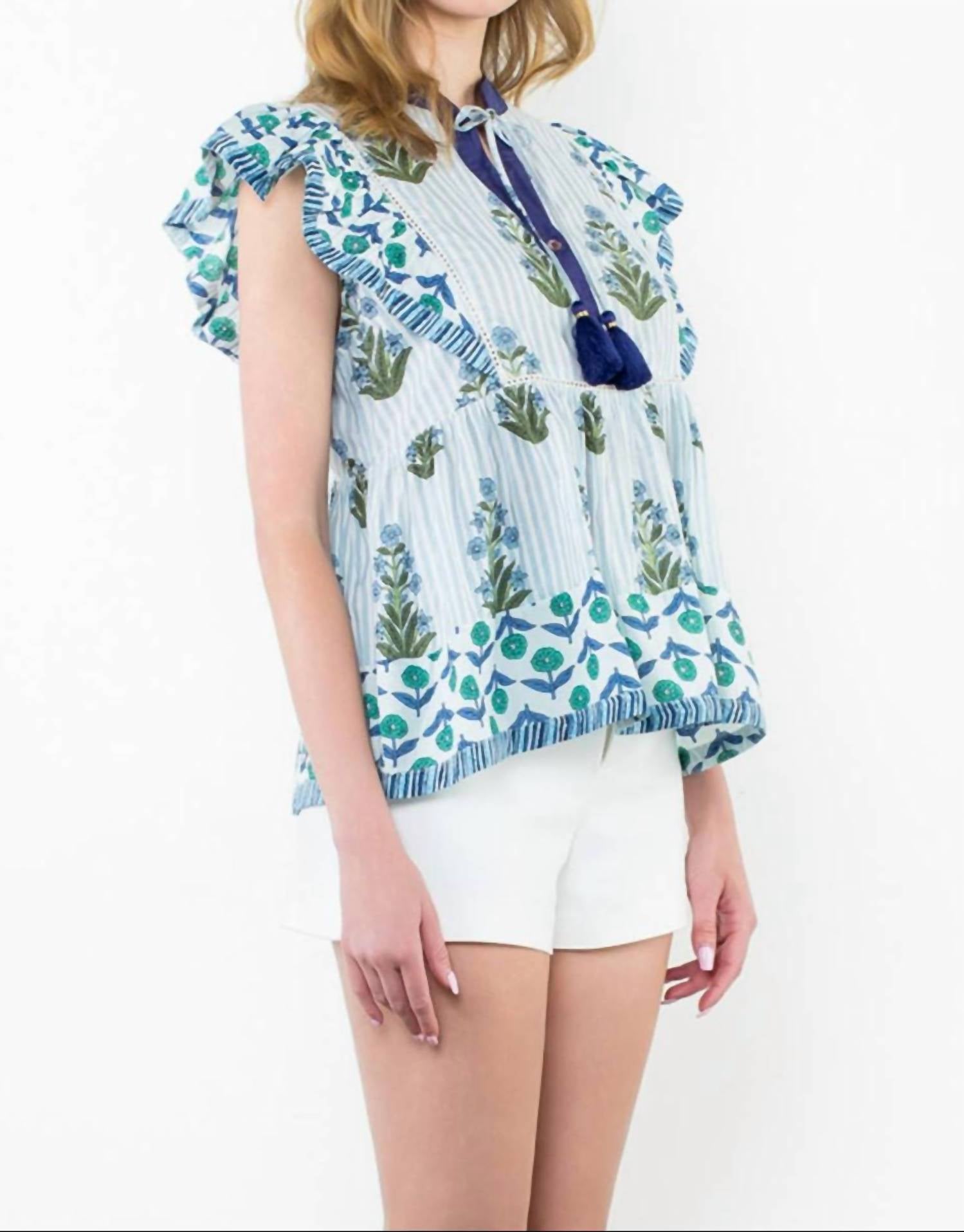 Thml - Got The Blues Flutter Sleeve Floral Tassel Tie Top