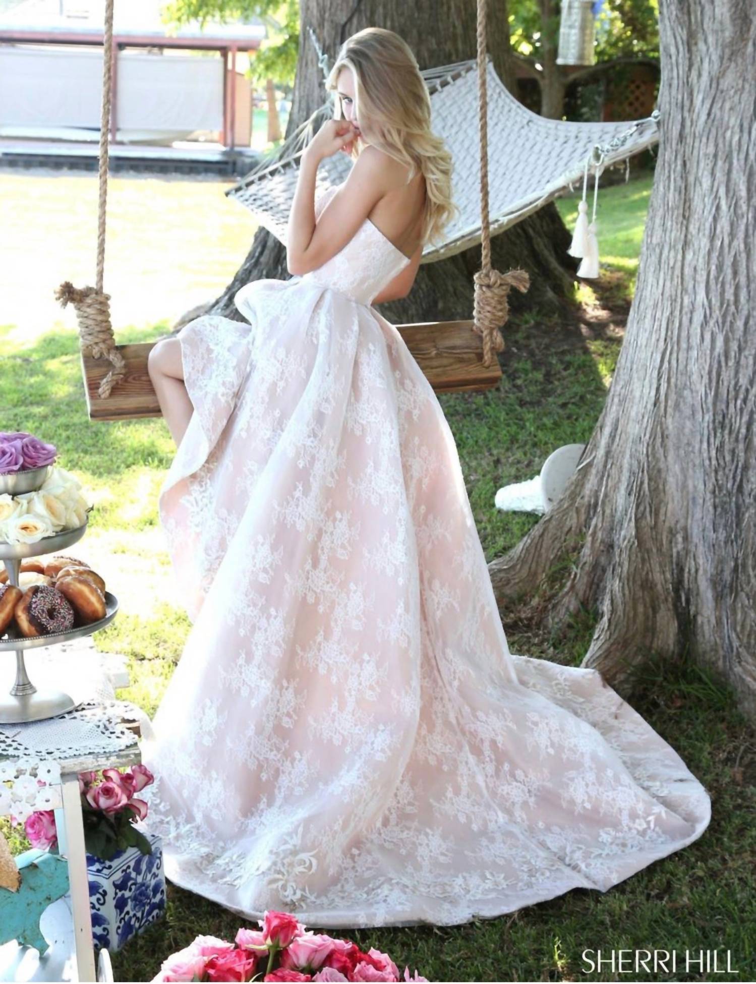 Sherri Hill Lace Floral Embroidered High Low Gown in ivory - women's dress - view 4