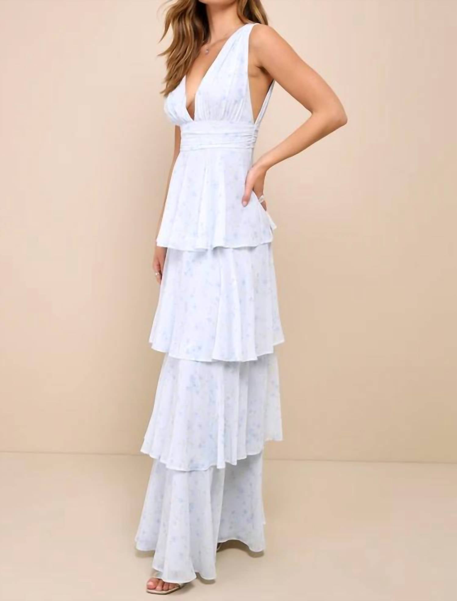 Lulus Amazing Evening Floral Tiered Maxi Dress in light blue - women's dress - detail view