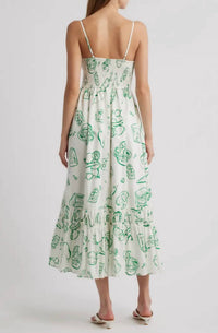 Moon River - Doodle Line Print Smocked Waist Midi Dress