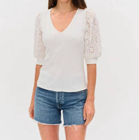 Six/Fifty - Esme Ribbed Eyelet Sleeved V-Neck Top