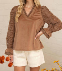 Voy - Fuzzy Lace Long Sleeve Ruffle Detailed Corduroy Top