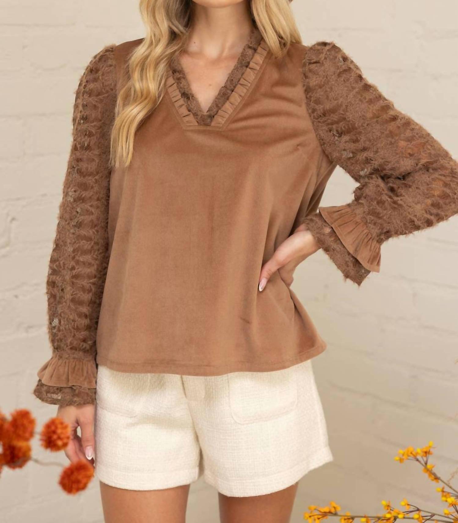 Voy - Fuzzy Lace Long Sleeve Ruffle Detailed Corduroy Top