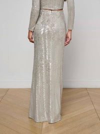 L'Agence Zeta Maxi Skirt in silver sequin swirl - women's skirt - detail view
