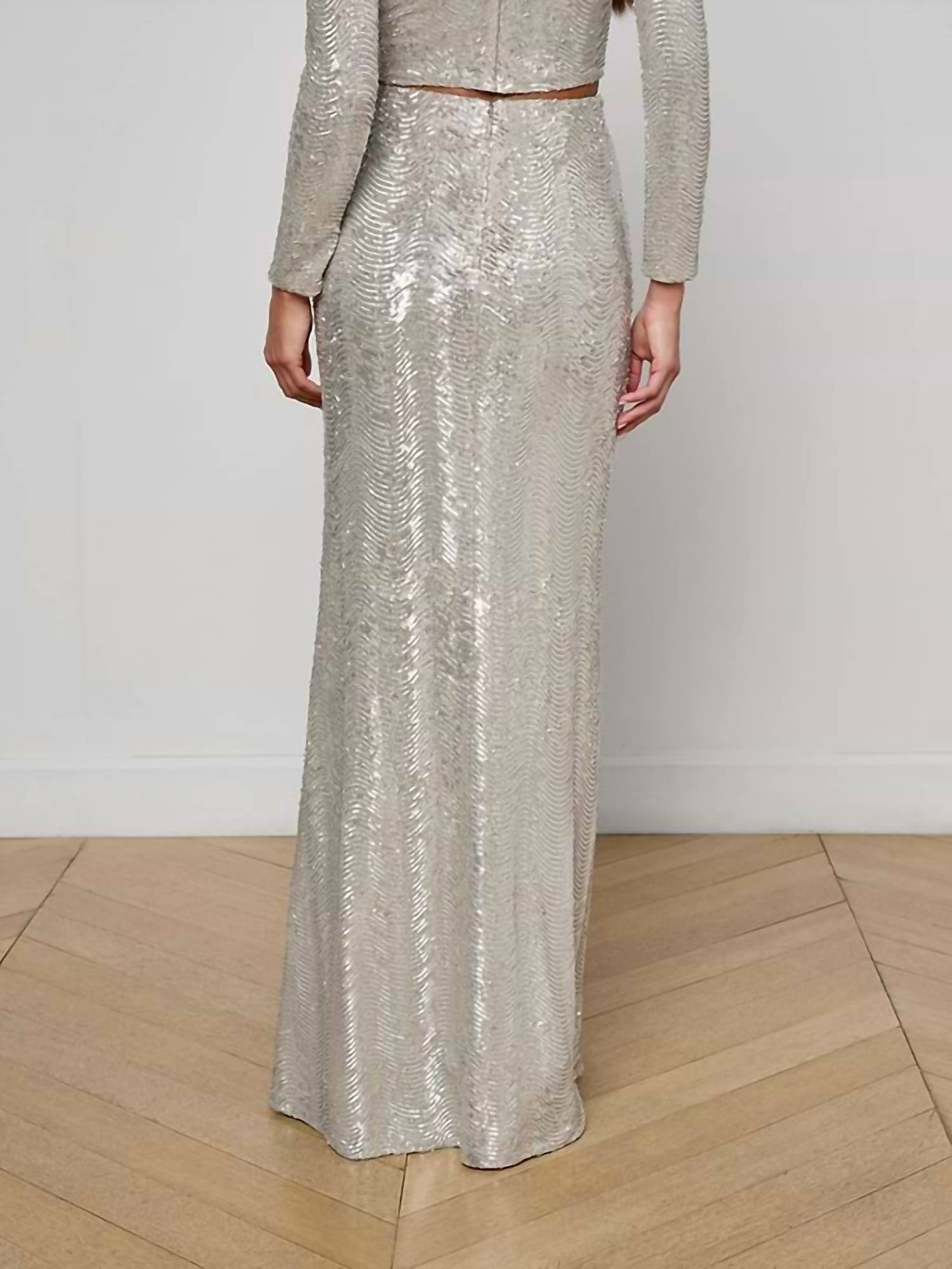 L'Agence Zeta Maxi Skirt in silver sequin swirl - women's skirt - detail view