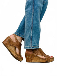 Corkys Footwear Women's Carley Wedge Sandal in cognac distressed - women's shoe - alternate view