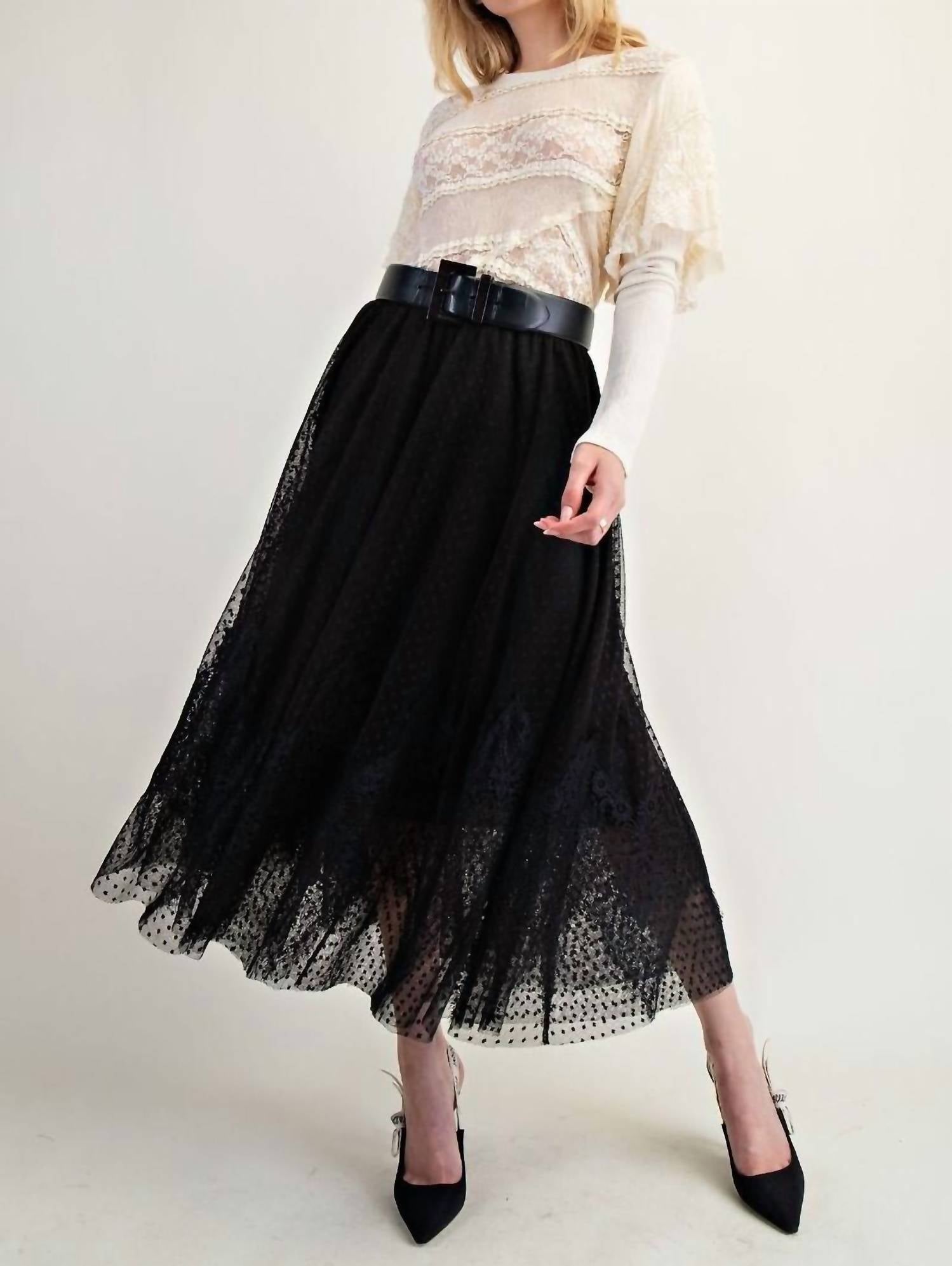 Easel - Dot Mesh Lace Wide Skirt