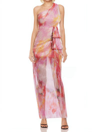 BADGLEY MISCHKA Debbie Printed One-shoulder Gown in multi - women's dress