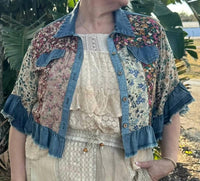 Young Threads - Patchwork And Denim Ruffle Hem Crop Jacket Top