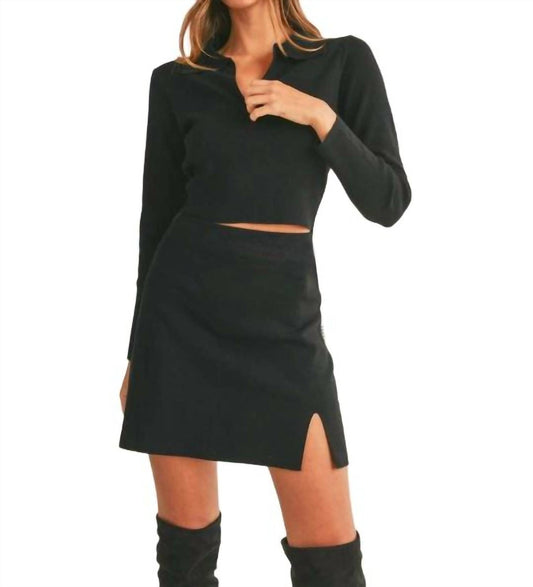 Mable - Collared V-neck Knit Sweater & Mini Skirt Set