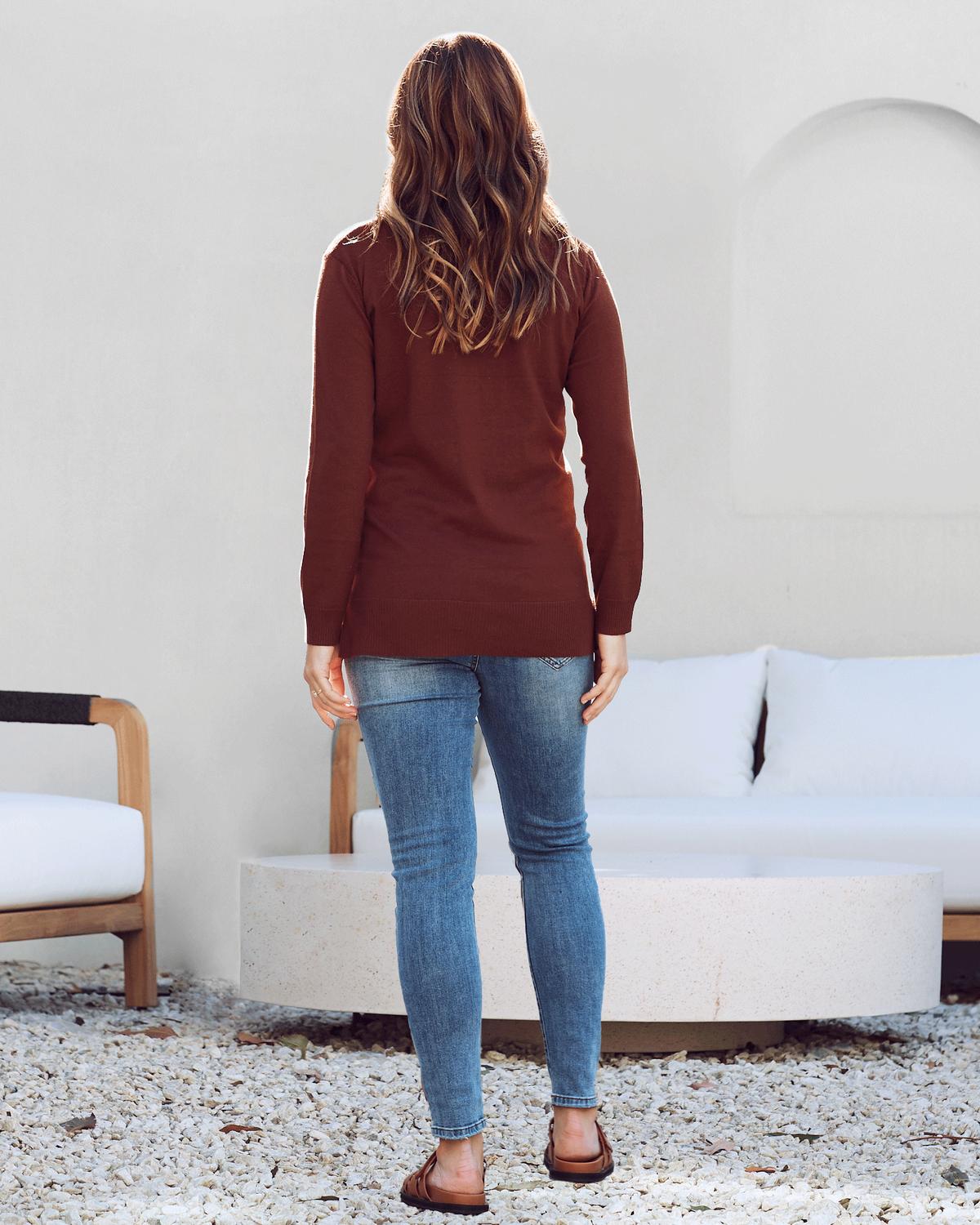 Angel Maternity Jolie Maternity Knit Polo in brown - women's long sleeve top - alternate view