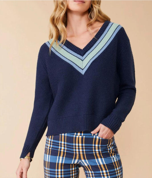 Spartina 449 - Aster V-neck Pullover Deep Indigo Stripe