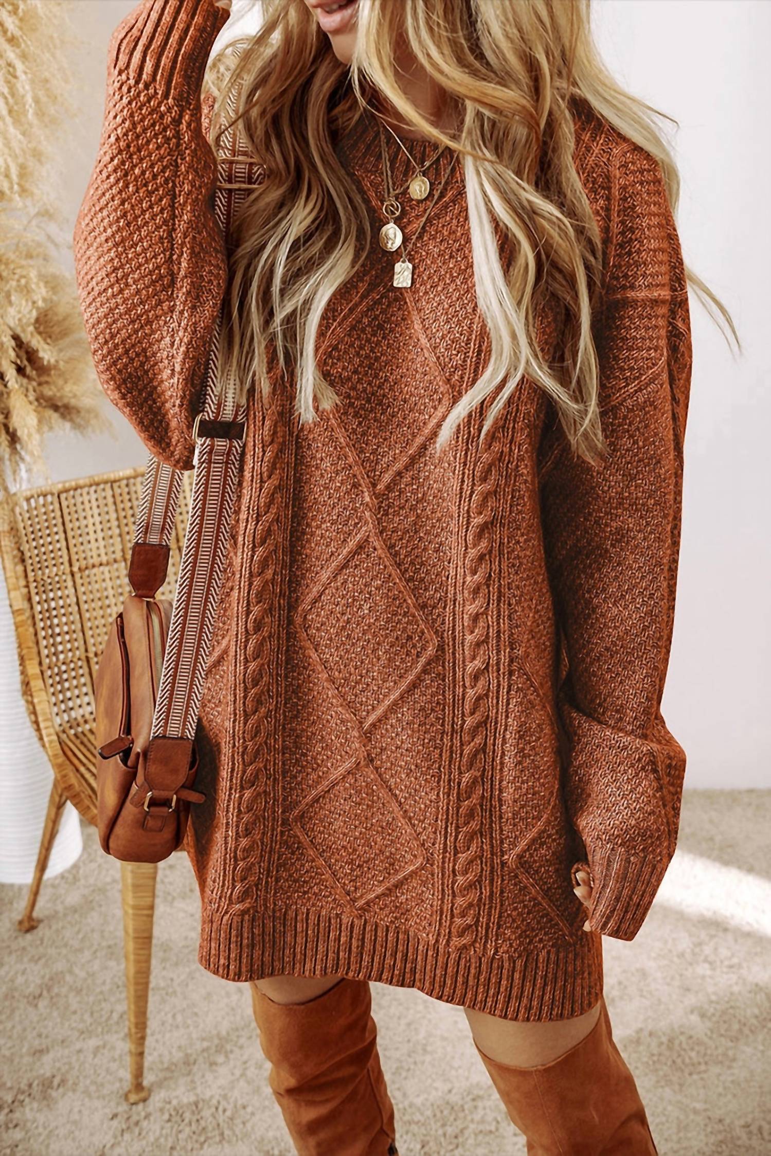 Lovesoft - Cable Knit Drop Shoulder Loose Fit Sweater Dress