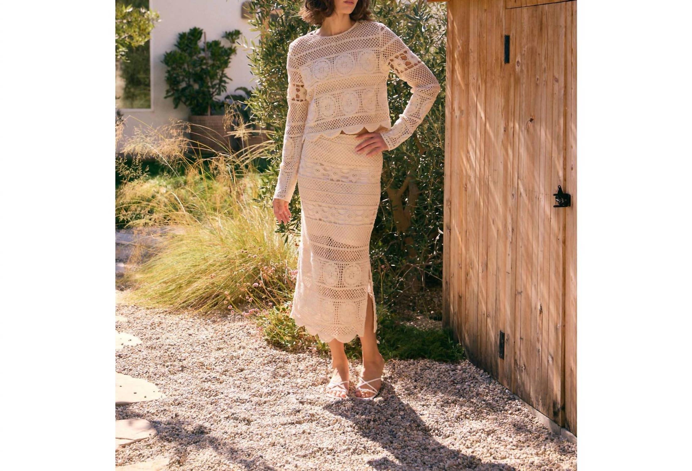 Idem Ditto - Floral Sheer Crochet Top And Skirt Set With Scallop Hem