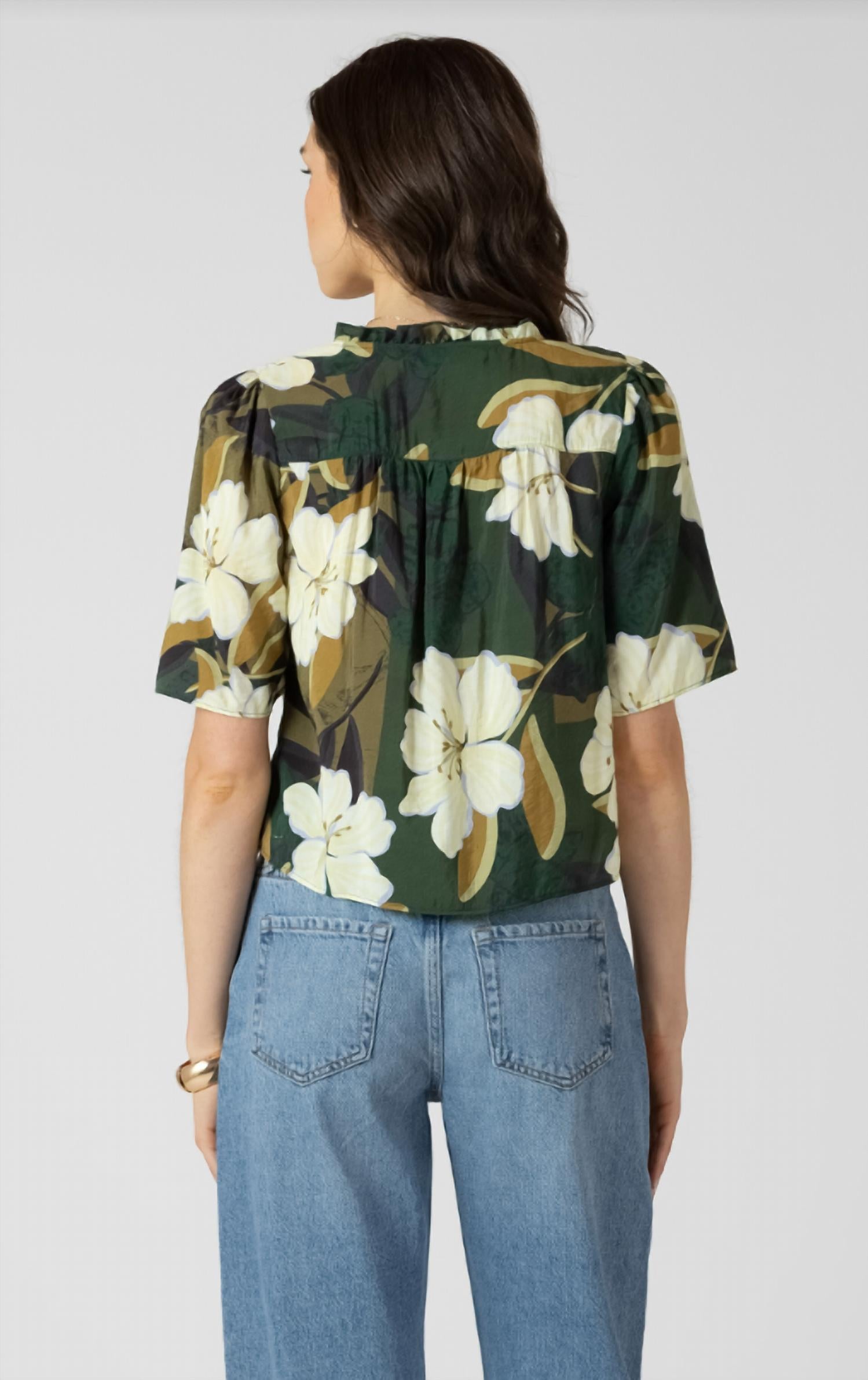 Dex Floral Flutter Sleeve Blouse in palm blossom - women's blouse - detail view